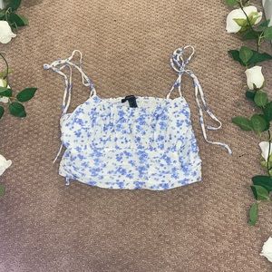 Forever 21 Shoulder Ties White Crop Top with Blue Flowers / Size Medium